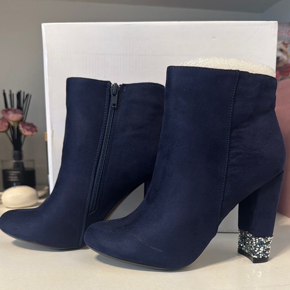 XOXO Blue and Silver Heeled Boots with Crystal Embellishments